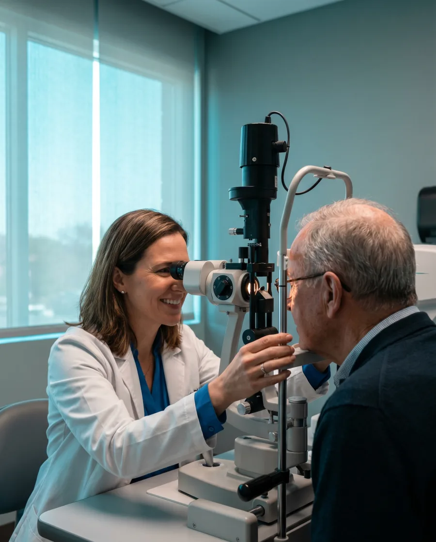 Médica da Oftalmo PE examinando um paciente