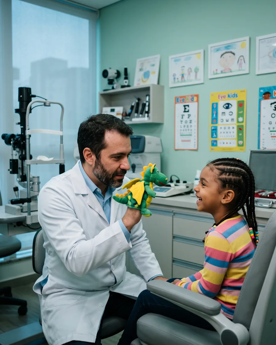 Criança experimentando seus primeiros óculos na Oftalmo PE