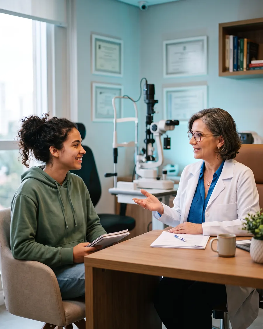 Jovem conversando com a médica durante consulta na Oftalmo PE
