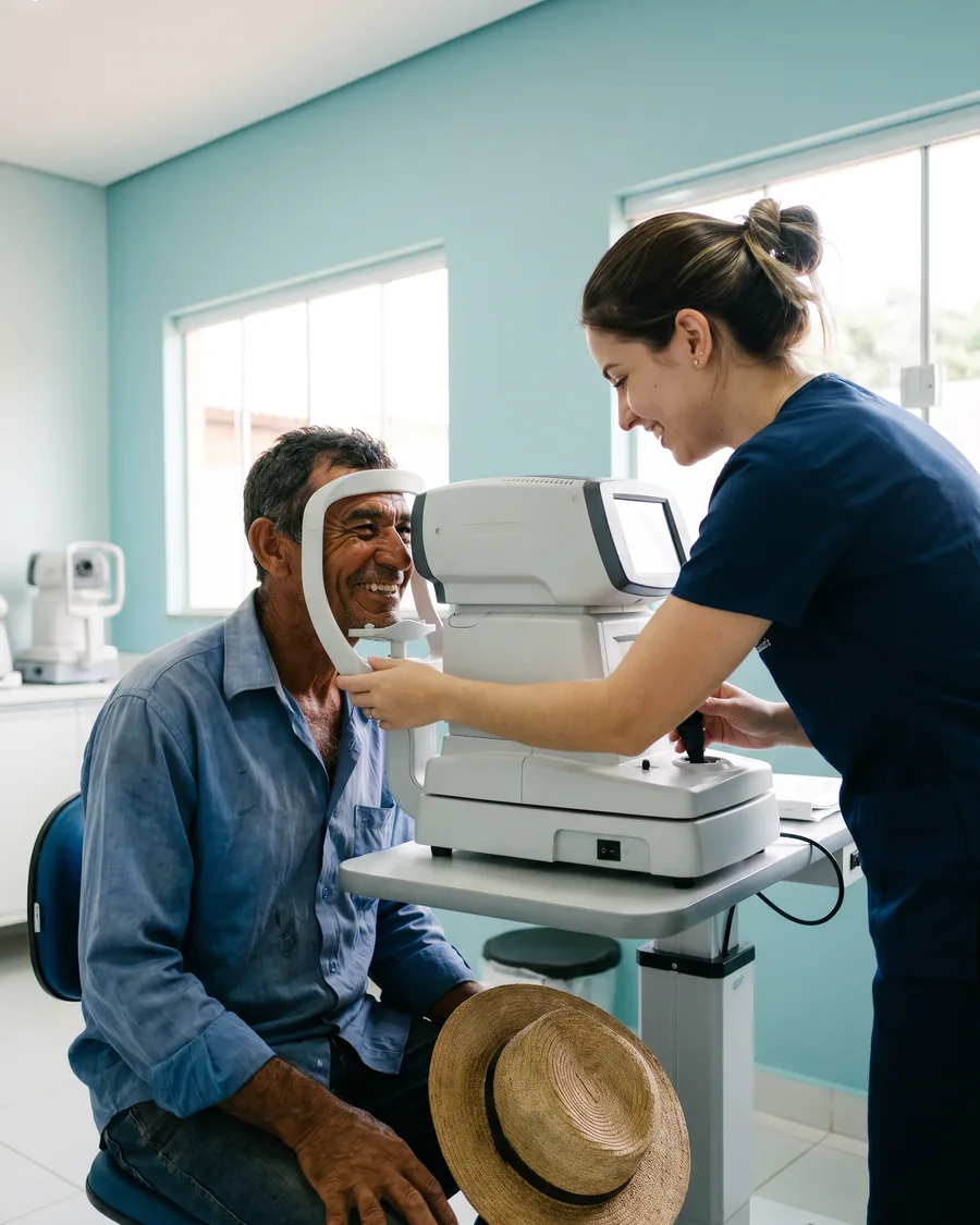 Trabalhador sorrindo durante consulta oftalmológica na Oftalmo PE